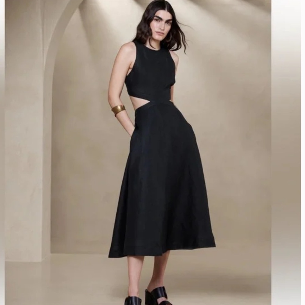 NWT Banana Republic Black Lina Linen Cutout Flare Midi Dress Size 16 Retail $190